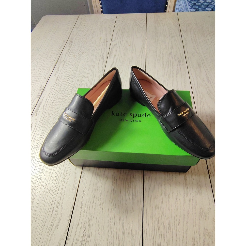 Kate‎ Spade Leighton Black Leather Penny Loafers Gold Logo Flats 5.5B New